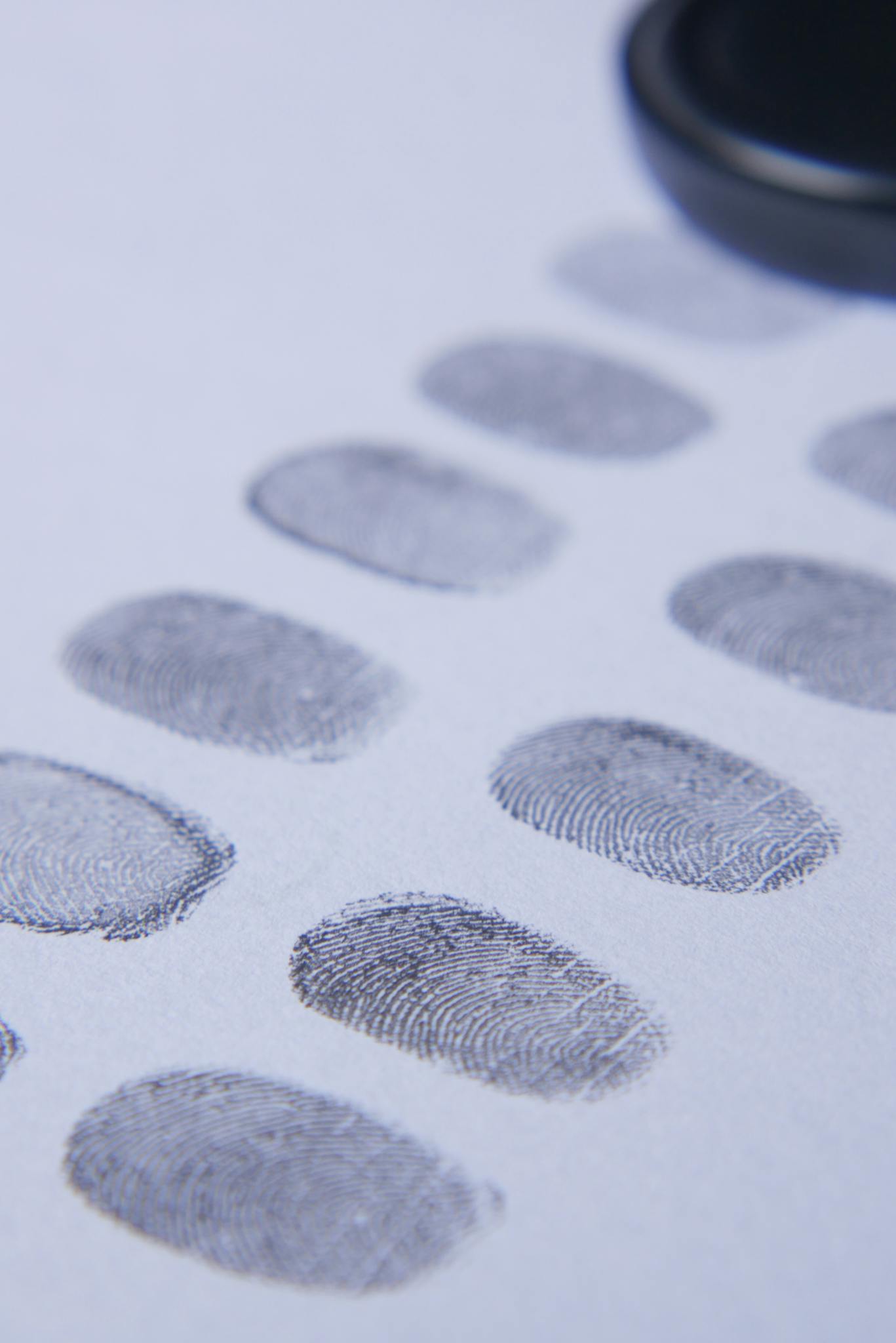 Close-up view of multiple fingerprints stamped on a white piece of paper, showcasing detail and clarity.